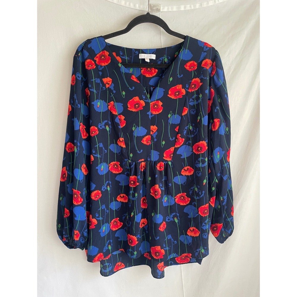 Marybelle Navy Blue Red Poppy Floral Blouse Long Sleeve V-Neck Peplum Top 2X